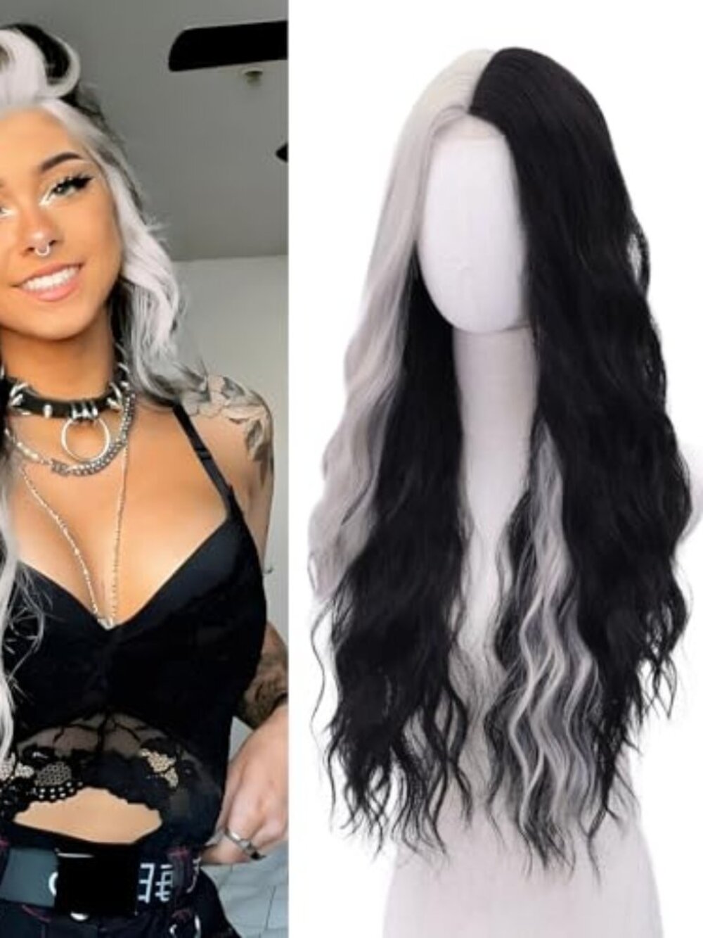 Black and White Wig for Women Long Natural Wavy Synthetic Wig 28 Inch